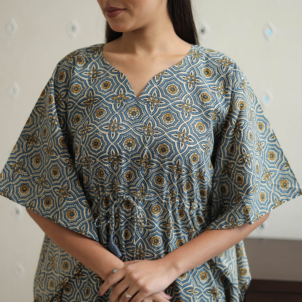 Grey - Block Printed Cotton Kaftan Ajrakh Co-ord Set 15