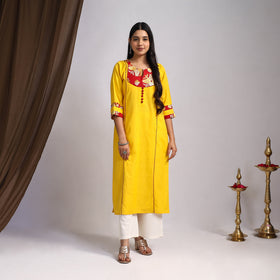 Yellow Satrangi Handcrafted Flex Cotton Straight Plain Kurta for Women
