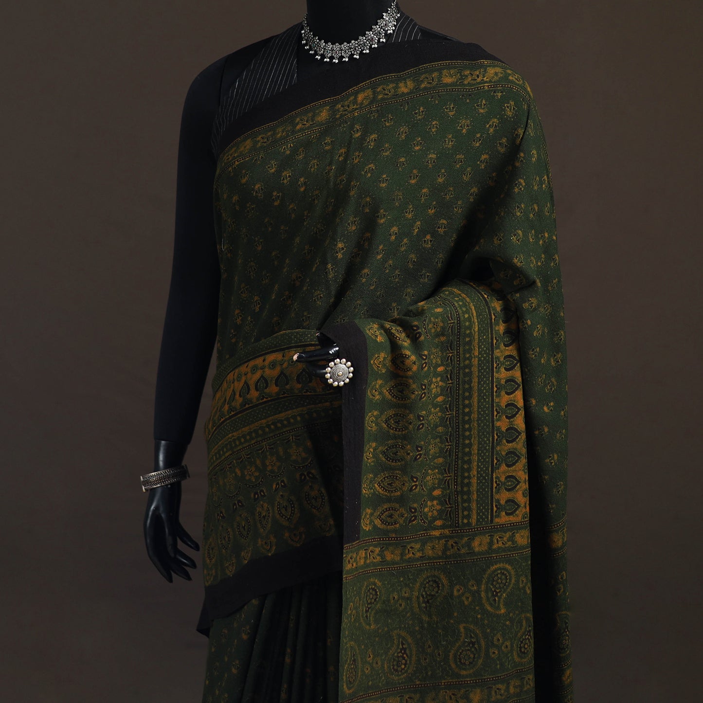 Handwoven Merino Wool Natural Dyed Hand Block Print Ajrakh Saree 10