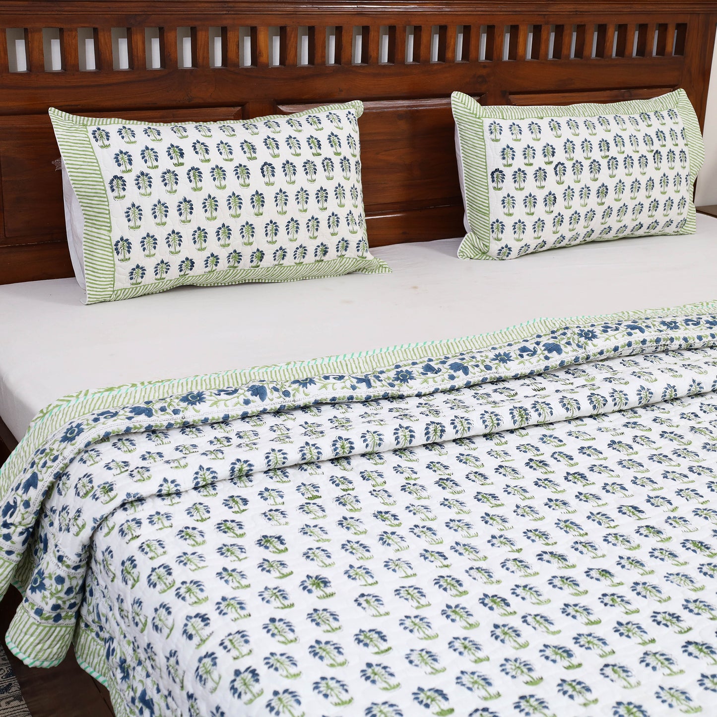 Double - Reversible Sanganeri Block Print Cotton Quilt Set 13