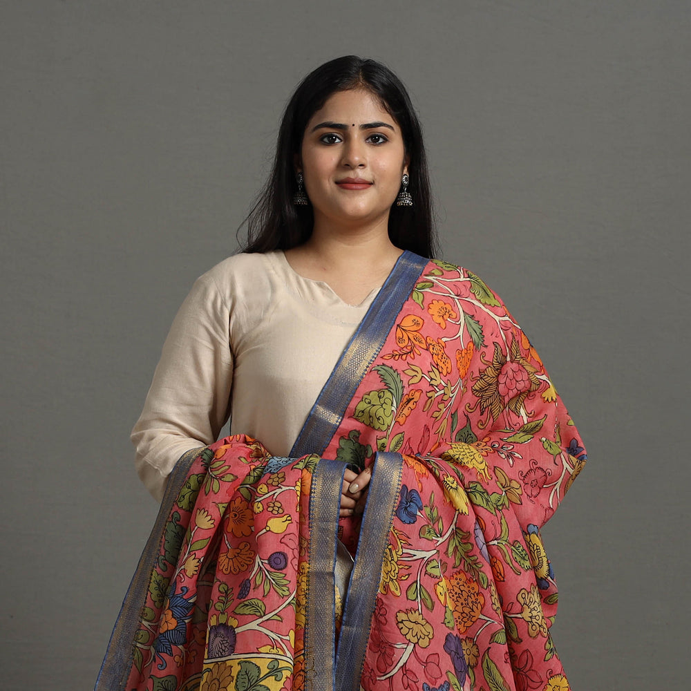 Pink - Chanderi Silk Srikalahasti Handpainted Pen Kalamkari Dupatta 14