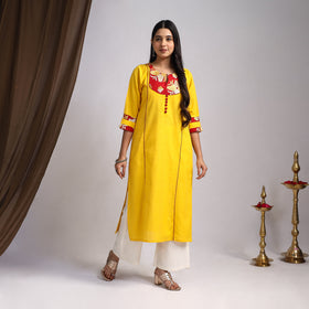 Yellow Satrangi Handcrafted Flex Cotton Straight Plain Kurta for Women