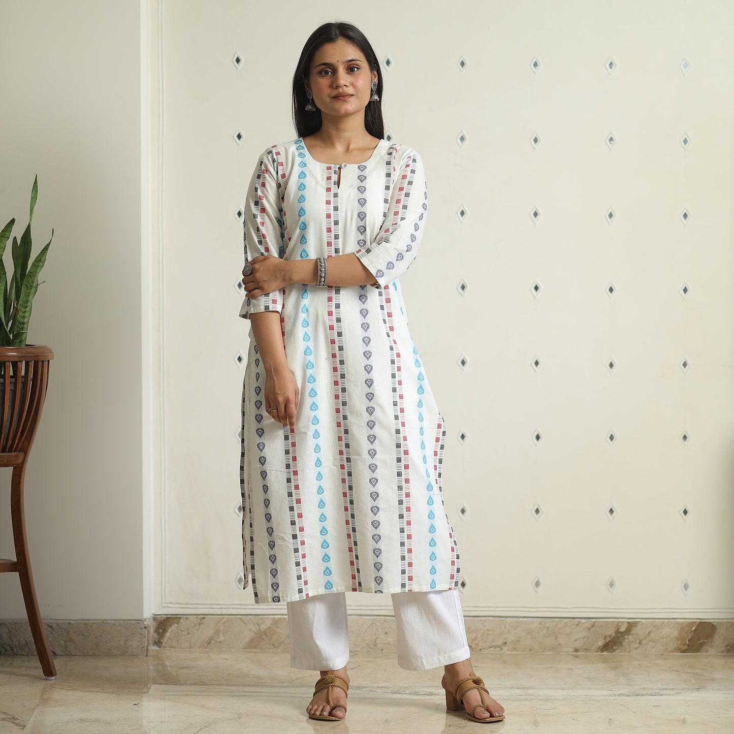 White - Jacquard Weave Cotton Straight Kurta 11