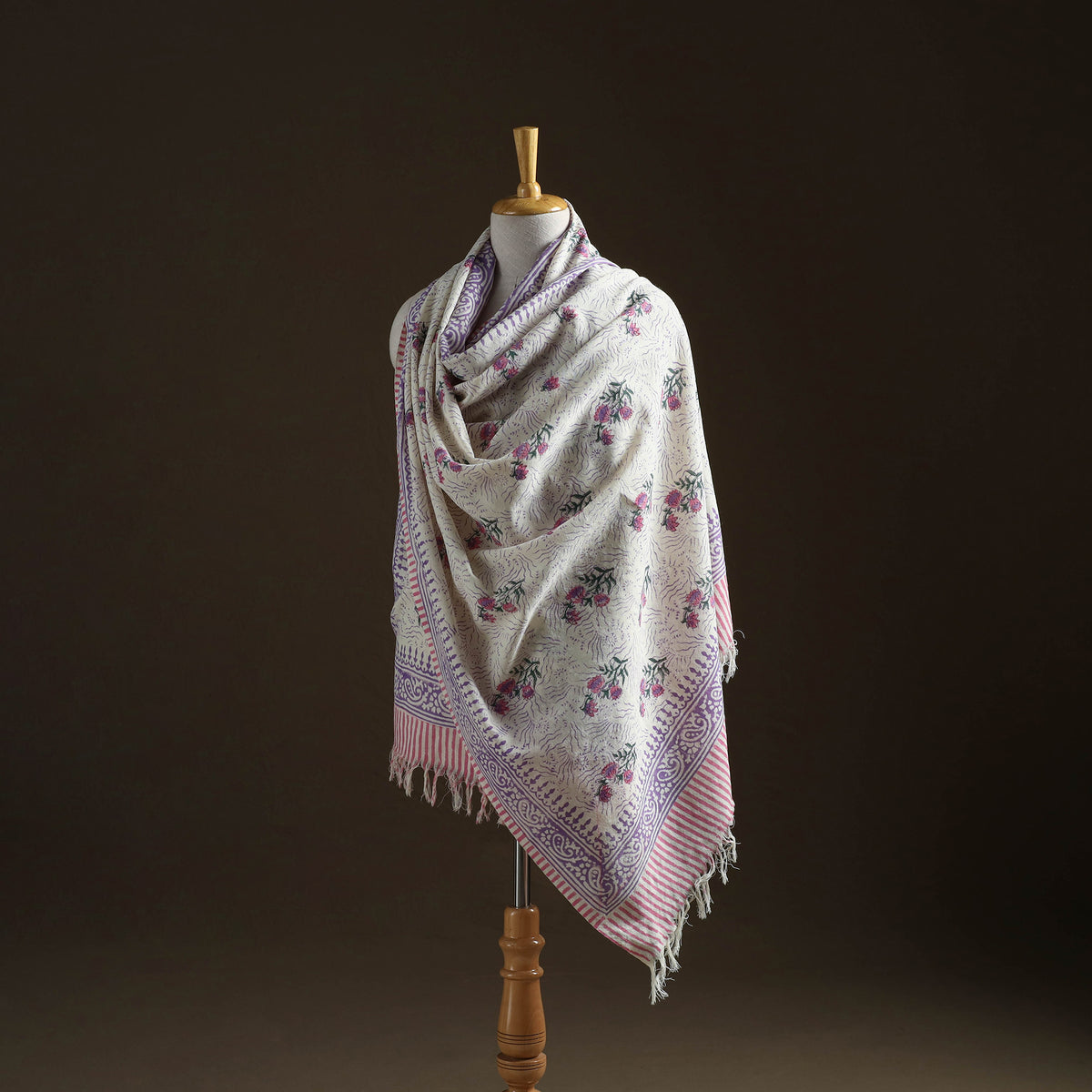 Floral Sanganeri Print Pure Merino Wool Handwoven Shawl 84