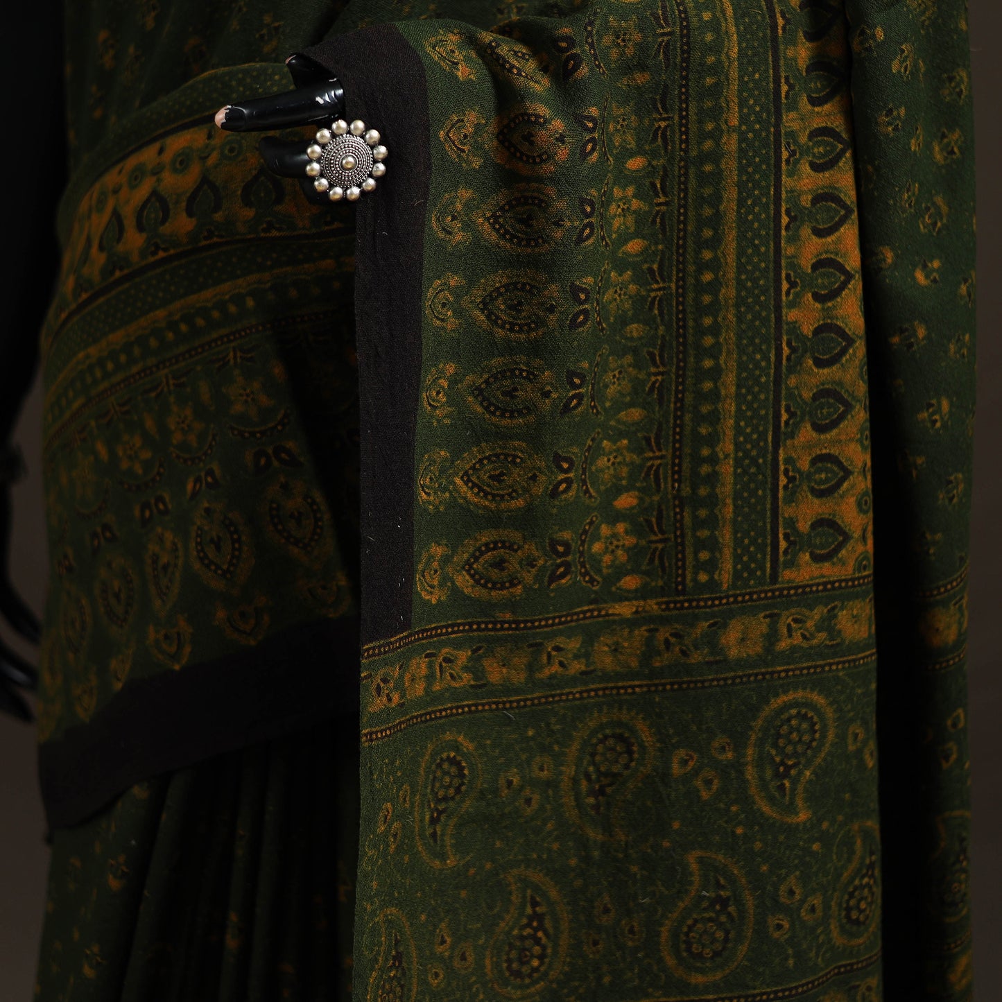 Handwoven Merino Wool Natural Dyed Hand Block Print Ajrakh Saree 10
