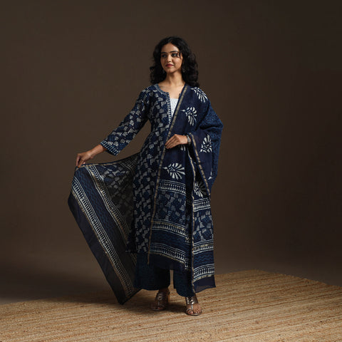 Chanderi Silk Hand Embroidery Block Print Indigo Bagru Suit Set with Dupatta for women 15