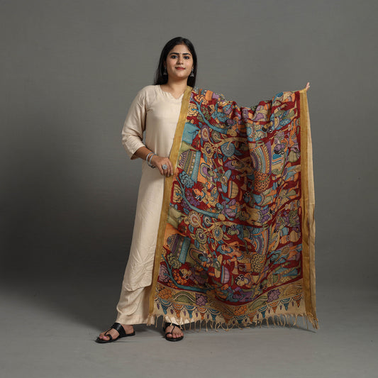 Multicolor - Chanderi Silk Srikalahasti Handpainted Pen Kalamkari Dupatta 15