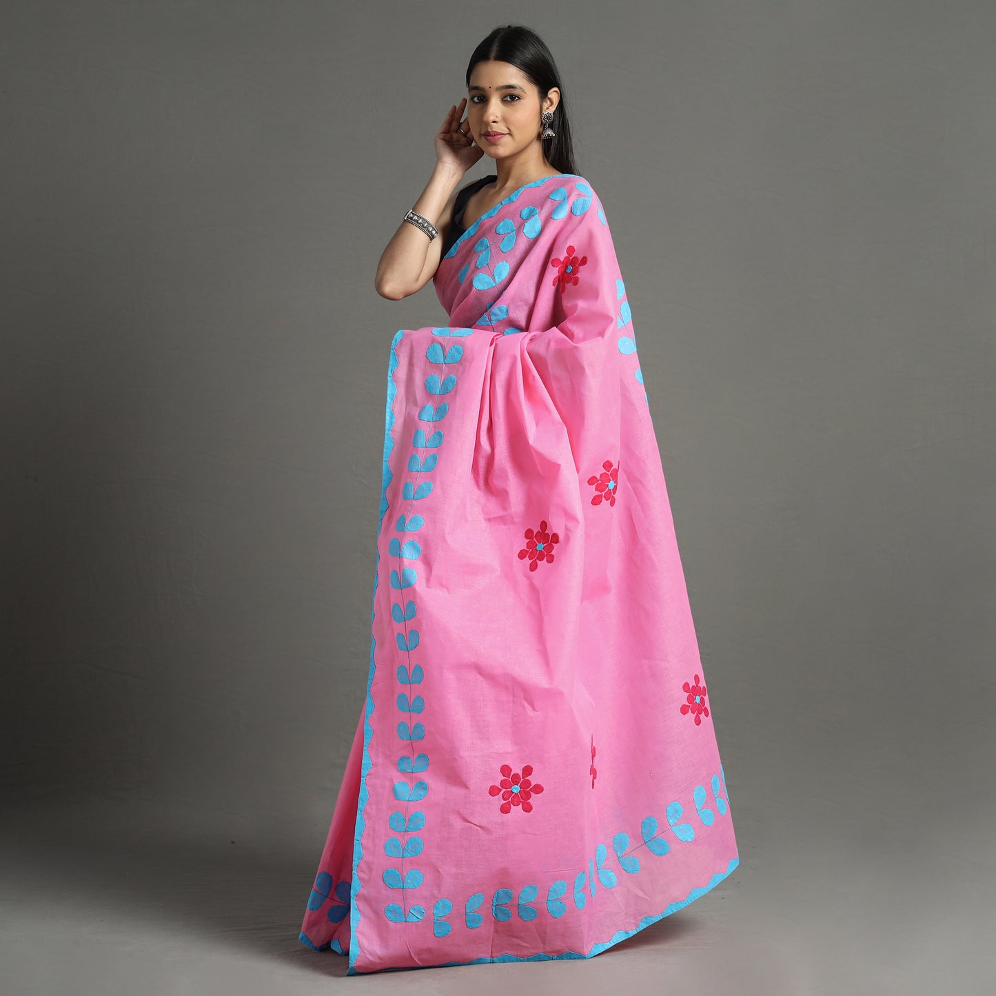 Pink - Applique Patti Kaam Pure Cotton Saree from Rampur 27