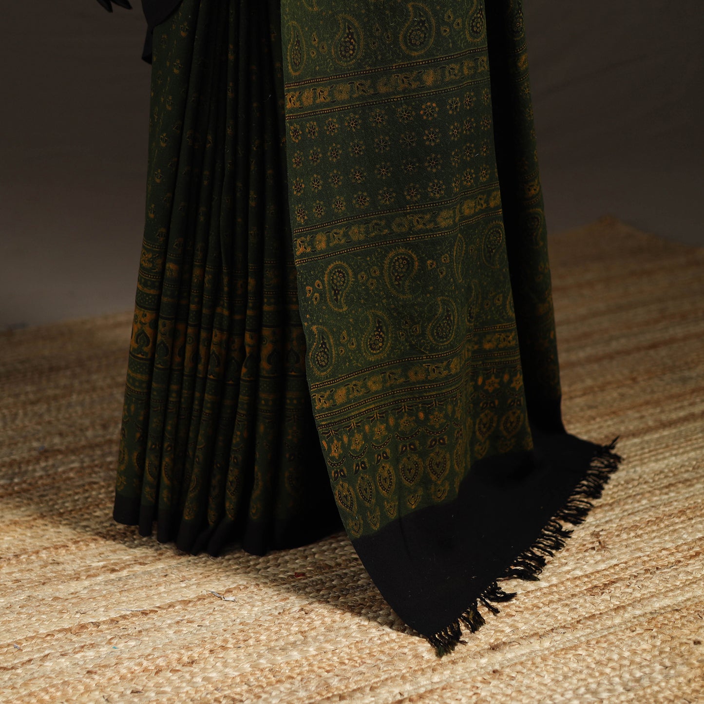 Handwoven Merino Wool Natural Dyed Hand Block Print Ajrakh Saree 10