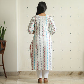 White - Jacquard Weave Cotton Straight Kurta 11