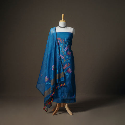 Blue - Jamdani Pure Handloom Muslin Unstitched Dress Material: Kurta with Dupatta 32