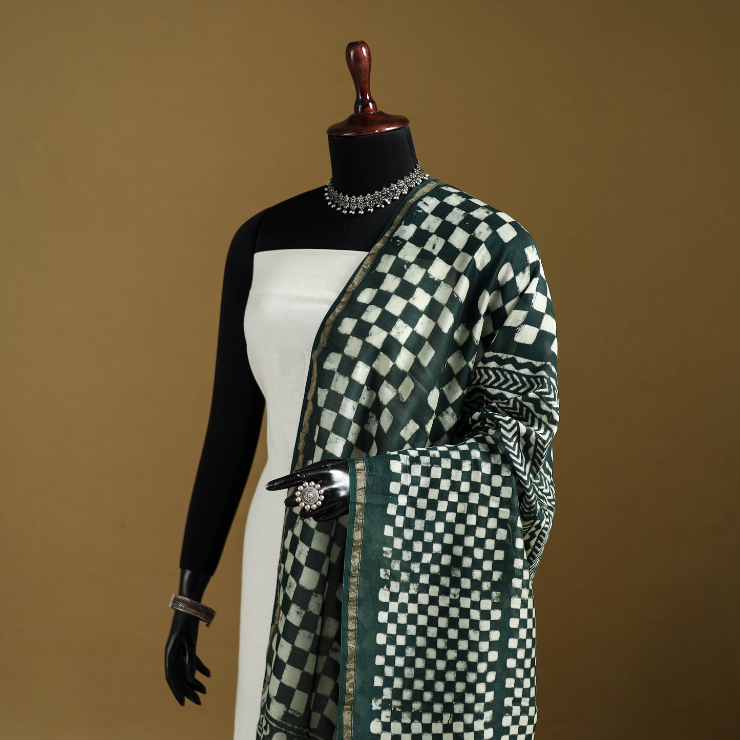 Green - Pipad Hand Block Print Natural Dyed Chanderi Silk Handloom Dupatta 17