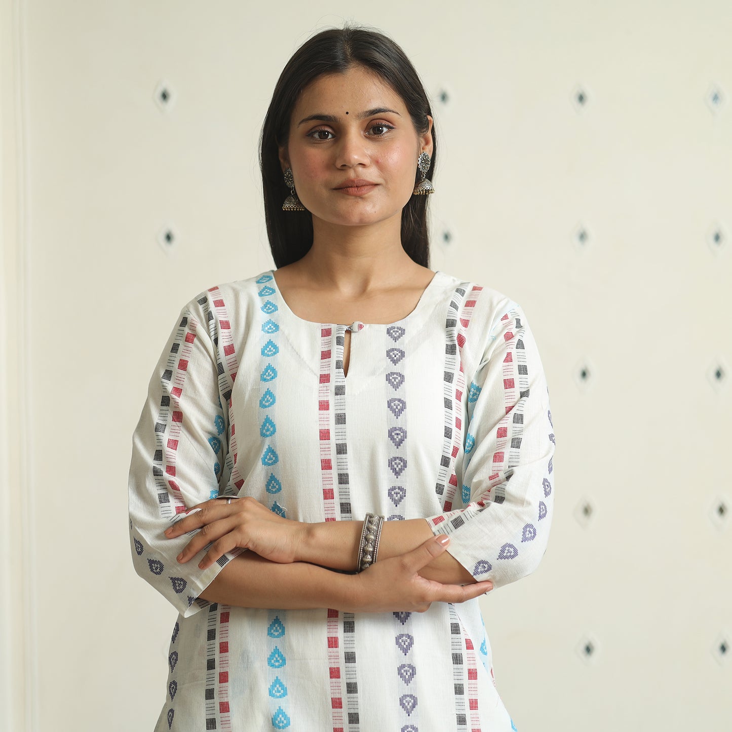 White - Jacquard Weave Cotton Straight Kurta 11