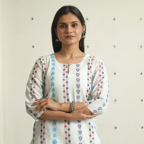 White - Jacquard Weave Cotton Straight Kurta 11