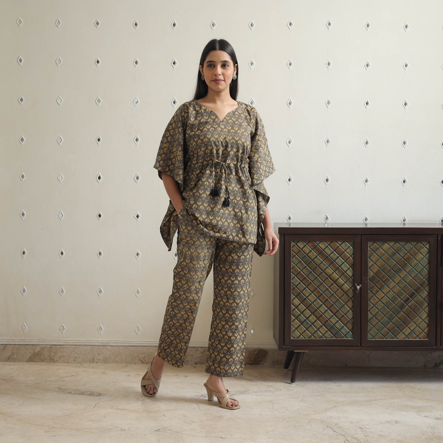 Brown - Block Printed Cotton Kaftan Ajrakh Co-ord Set 14