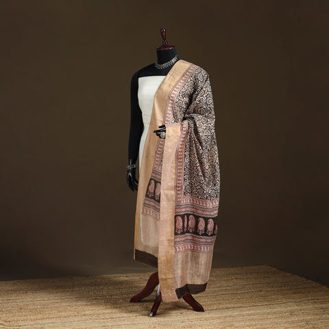 Beige - Bagh Hand Block Print Natural Dyed Tissue Zari Chanderi Silk Dupatta 24
