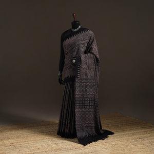 Black - Handwoven Merino Wool Natural Dyed Hand Block Print Ajrakh Saree 11