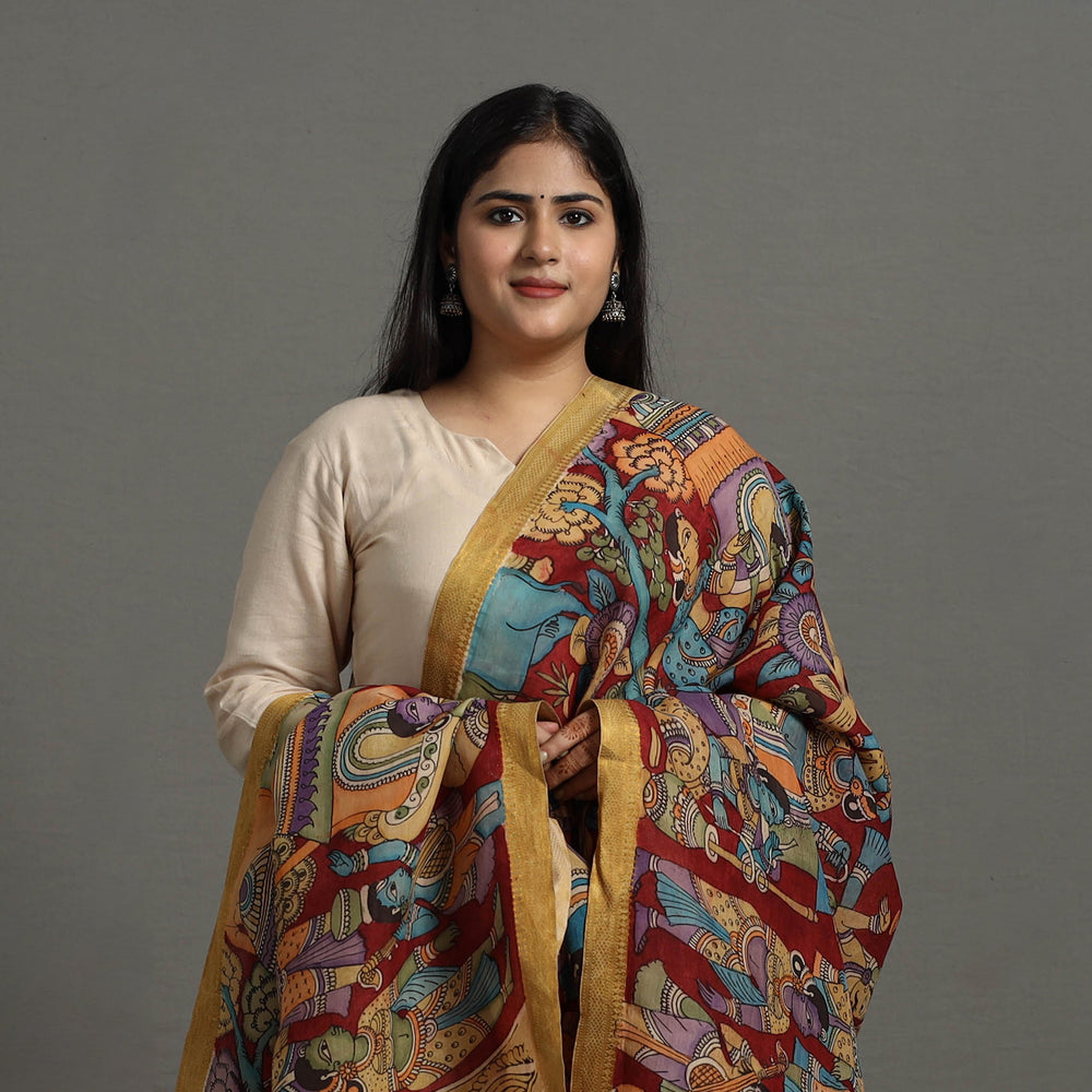 Multicolor - Chanderi Silk Srikalahasti Handpainted Pen Kalamkari Dupatta 15