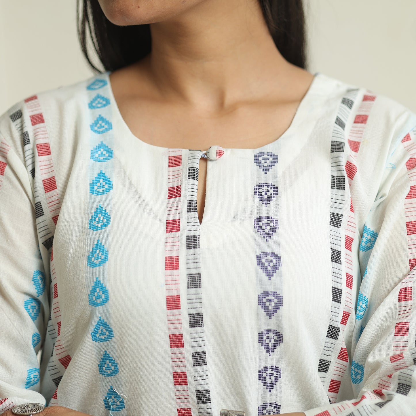 White - Jacquard Weave Cotton Straight Kurta 11