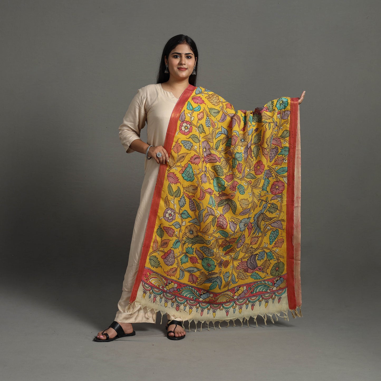 Yellow - Chanderi Silk Srikalahasti Handpainted Pen Kalamkari Dupatta 16