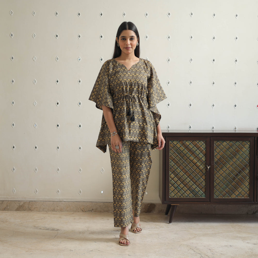 Brown - Block Printed Cotton Kaftan Ajrakh Co-ord Set 14