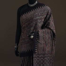 Black - Handwoven Merino Wool Natural Dyed Hand Block Print Ajrakh Saree 11