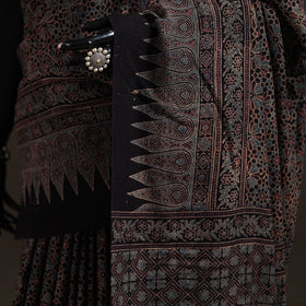 Black - Handwoven Merino Wool Natural Dyed Hand Block Print Ajrakh Saree 11