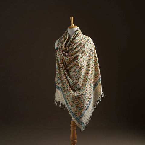 Floral sanganeri print pure merino wool handwoven shawl 85