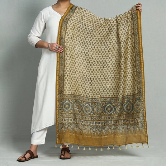 Yellow - Ajrakh Hand Block Printed Chanderi Silk Handloom Dupatta with Tassels