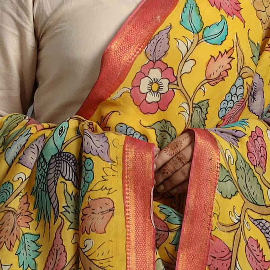 Yellow - Chanderi Silk Srikalahasti Handpainted Pen Kalamkari Dupatta 16