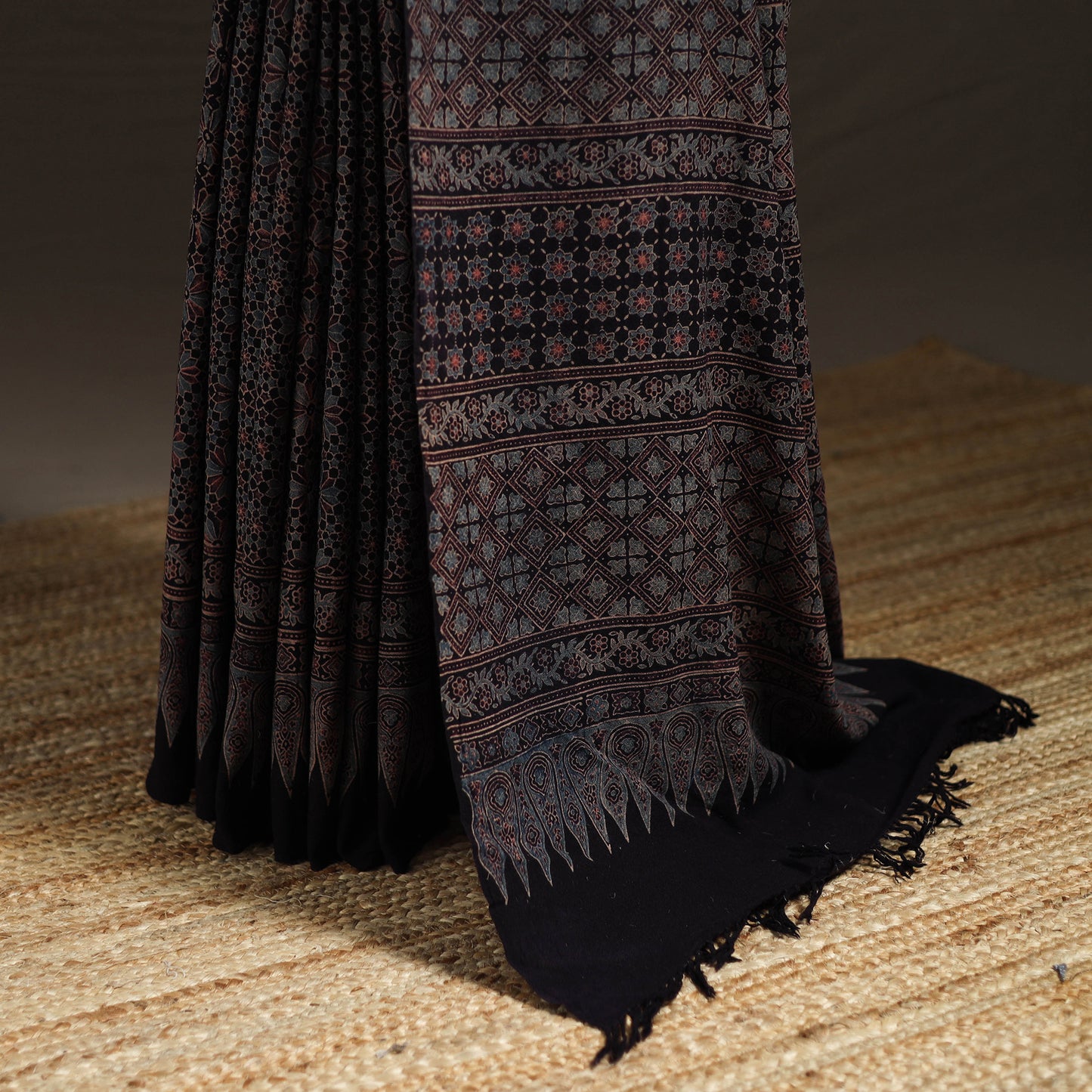 Black - Handwoven Merino Wool Natural Dyed Hand Block Print Ajrakh Saree 11