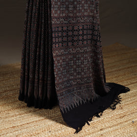 Black - Handwoven Merino Wool Natural Dyed Hand Block Print Ajrakh Saree 11