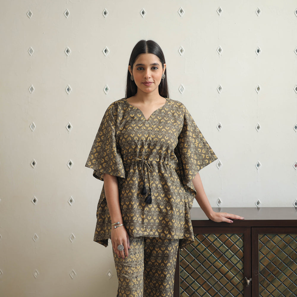 Brown - Block Printed Cotton Kaftan Ajrakh Co-ord Set 14