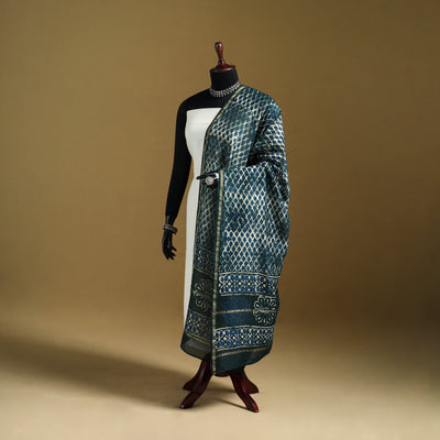 Blue - Pipad Hand Block Print Natural Dyed Chanderi Silk Handloom Dupatta 18