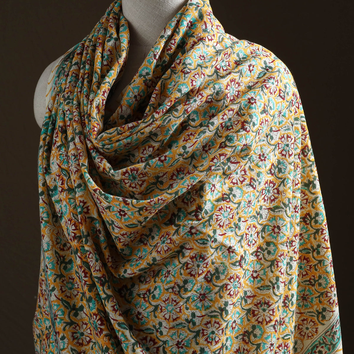 Floral Sanganeri Print Pure Merino Wool Handwoven Shawl 85