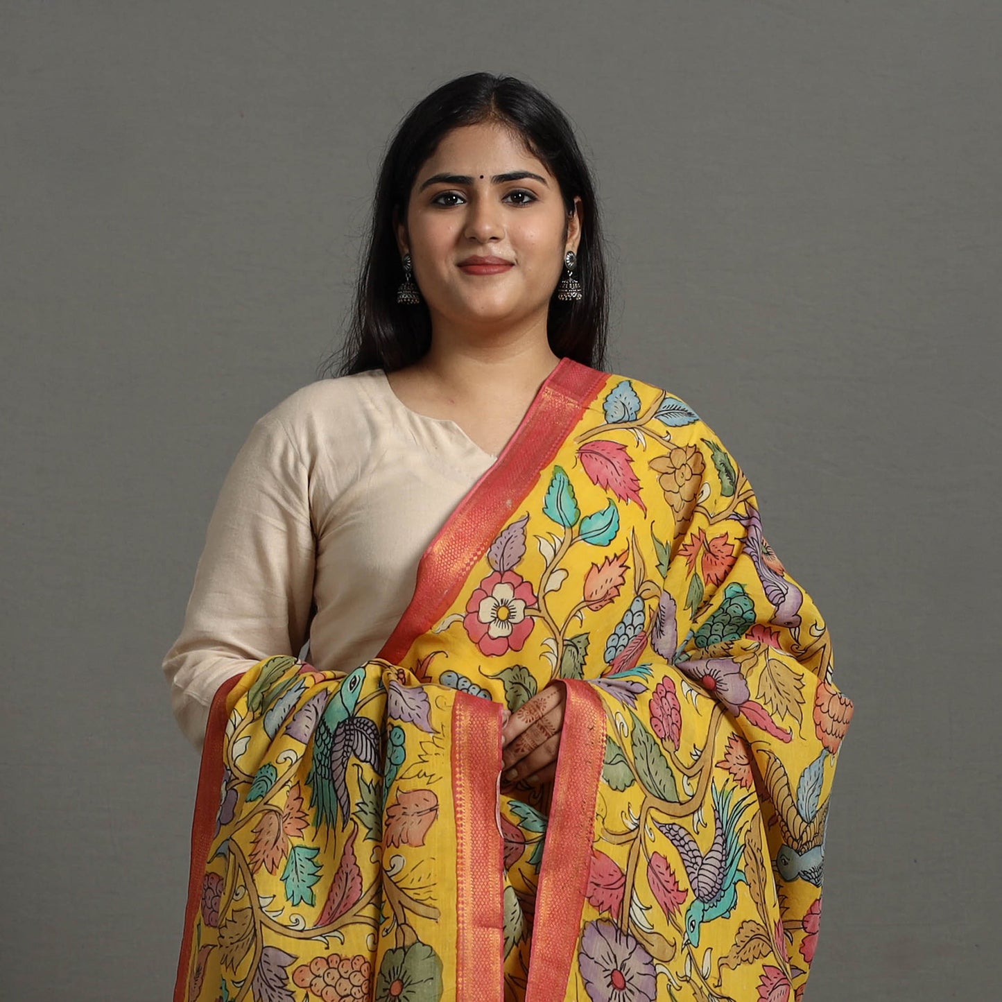 Yellow - Chanderi Silk Srikalahasti Handpainted Pen Kalamkari Dupatta 16