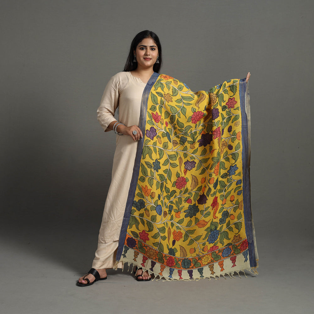 Yellow - Chanderi Silk Srikalahasti Handpainted Pen Kalamkari Dupatta 17