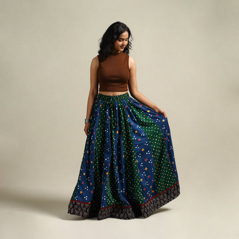 Multicolor - Bandhani Tie-Dye 24 Kali Patchwork Cotton Long Skirt 19