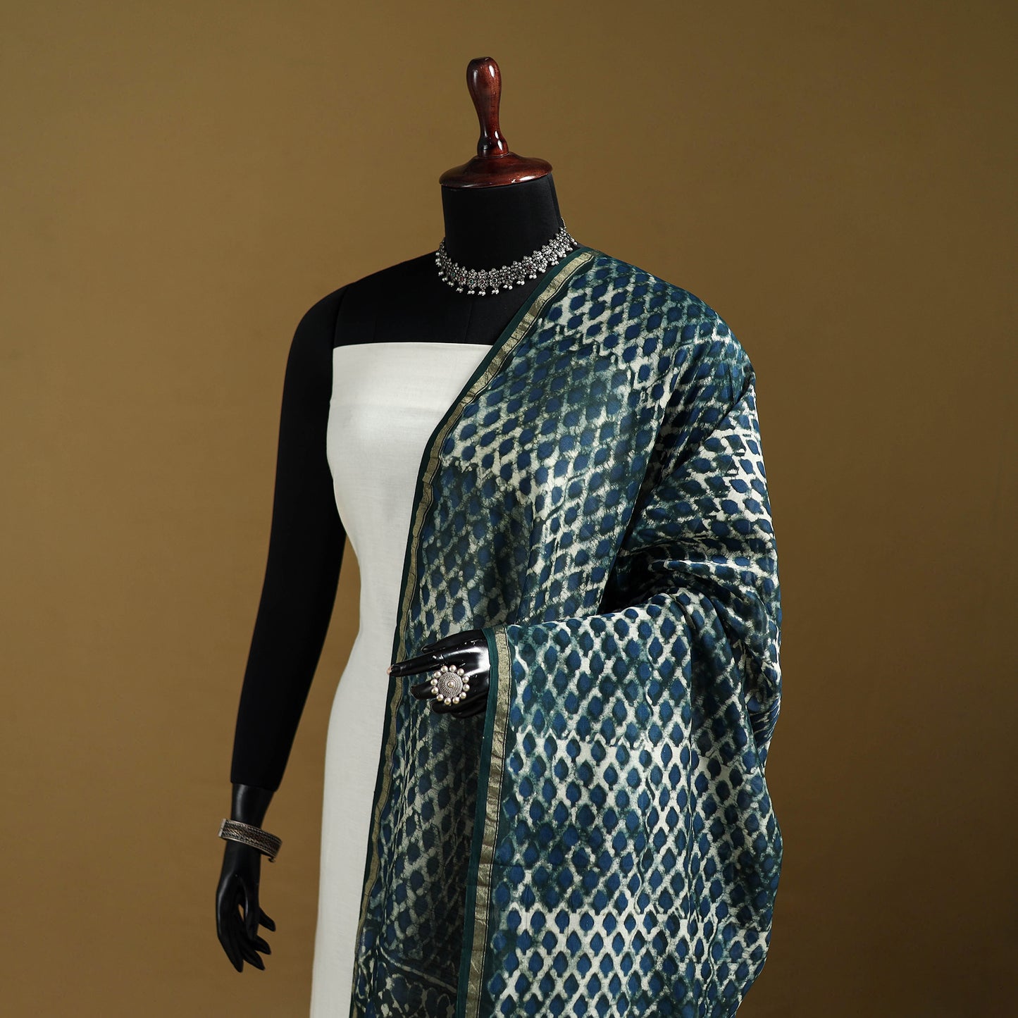 Blue - Pipad Hand Block Print Natural Dyed Chanderi Silk Handloom Dupatta 18