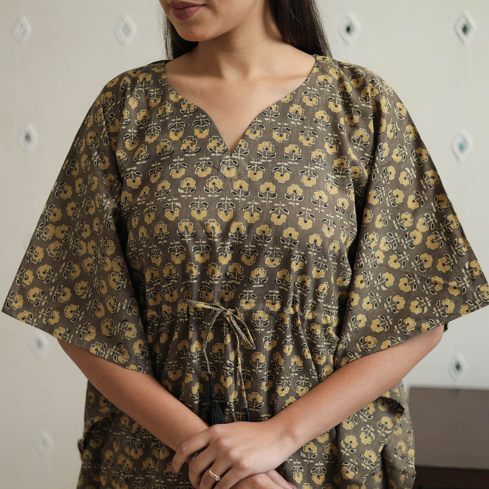 Brown - Block Printed Cotton Kaftan Ajrakh Co-ord Set 14