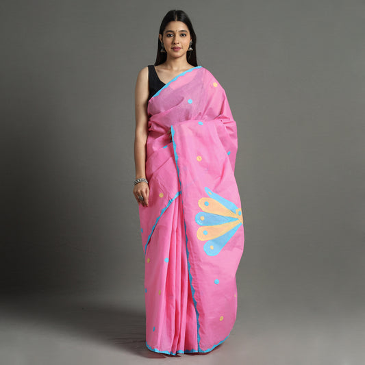 Pink - Applique Patti Kaam Pure Cotton Saree from Rampur 25