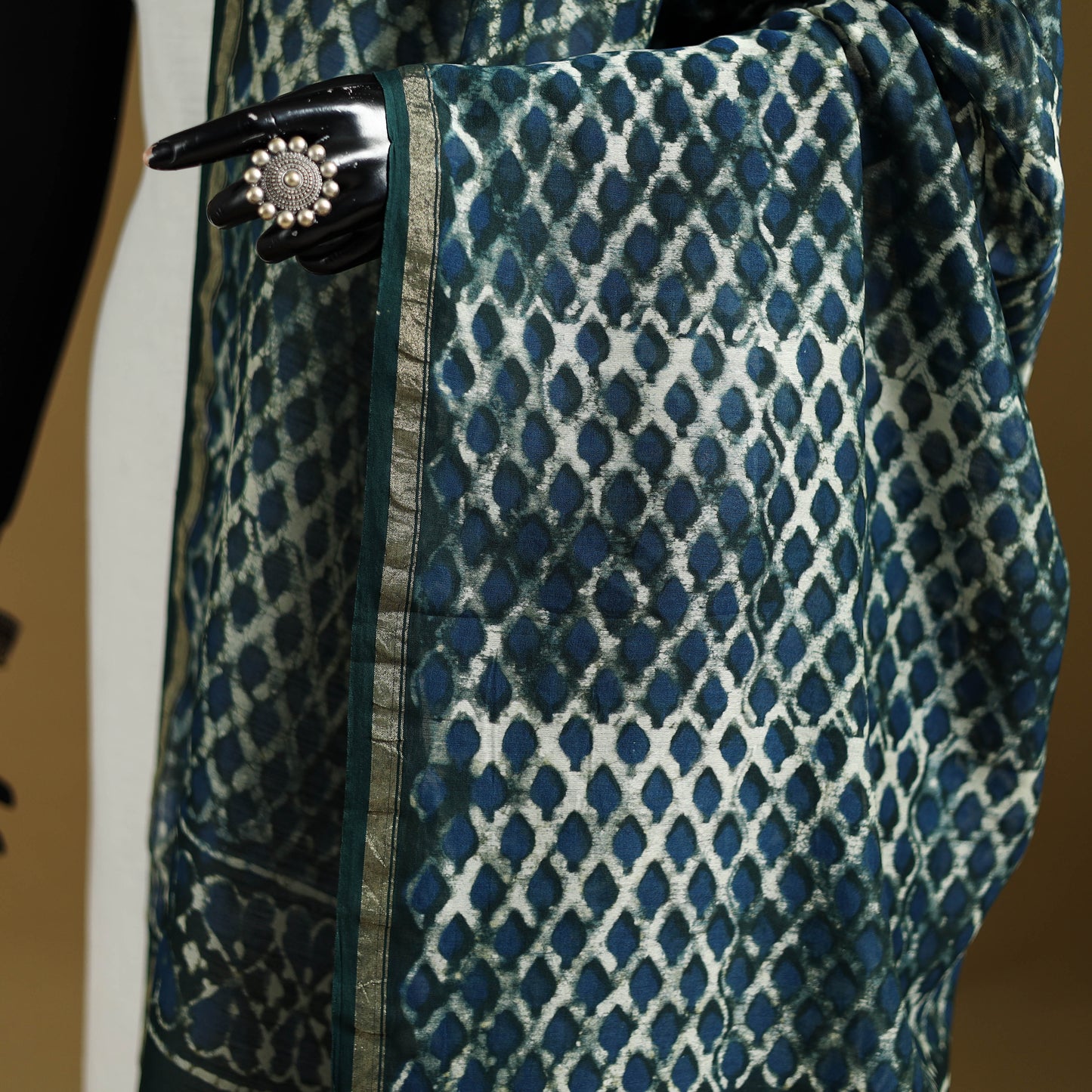 Blue - Pipad Hand Block Print Natural Dyed Chanderi Silk Handloom Dupatta 18