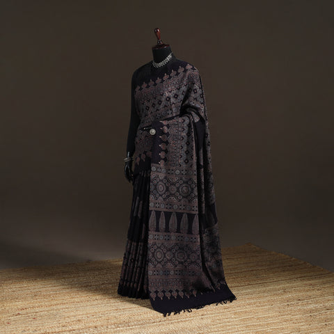 Handwoven Merino Wool Natural Dyed Hand Block Print Ajrakh Saree 12