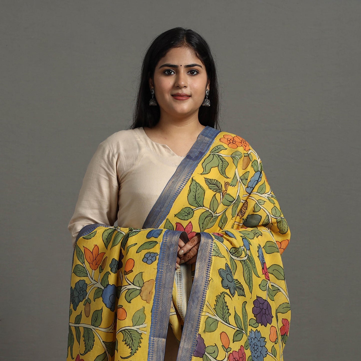 Yellow - Chanderi Silk Srikalahasti Handpainted Pen Kalamkari Dupatta 17