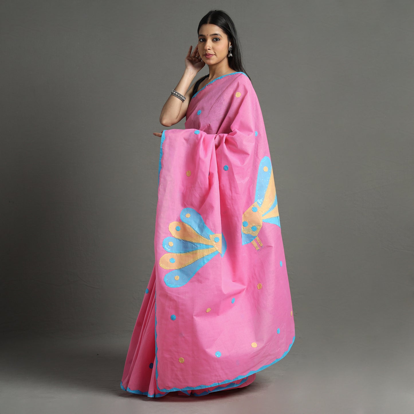 Pink - Applique Patti Kaam Pure Cotton Saree from Rampur 25