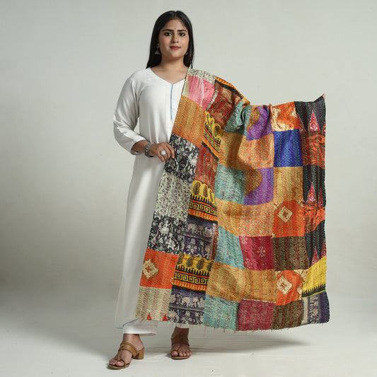 Multicolor - Bengal Kantha Embroidery Patchwork Reversible Silk Dupatta 41