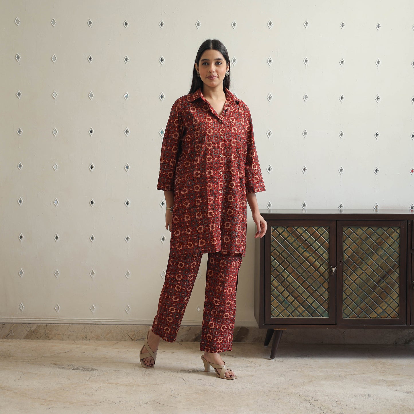 Red - Block Printed Cotton Ajrakh Co-ord Set 22