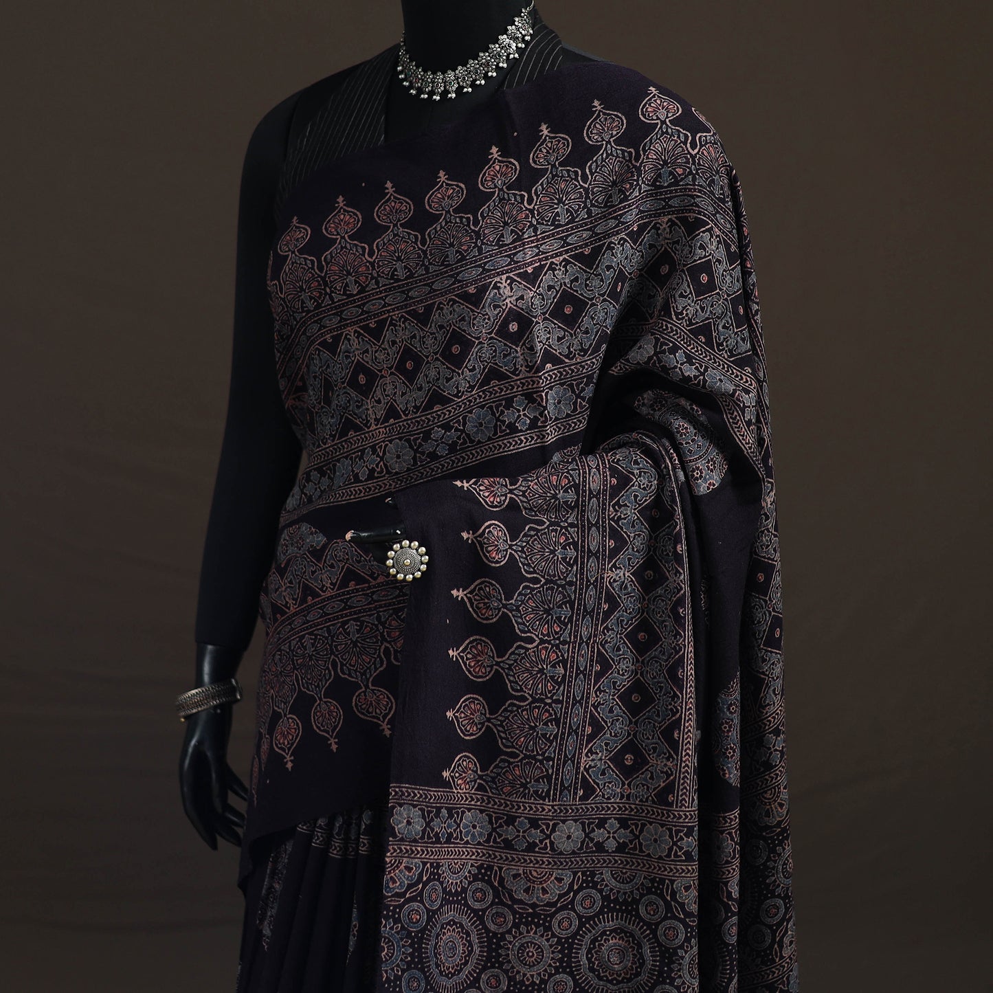 Black - Handwoven Merino Wool Natural Dyed Hand Block Print Ajrakh Saree 12