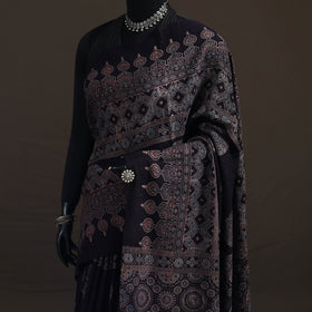 Black - Handwoven Merino Wool Natural Dyed Hand Block Print Ajrakh Saree 12