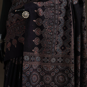 Black - Handwoven Merino Wool Natural Dyed Hand Block Print Ajrakh Saree 12